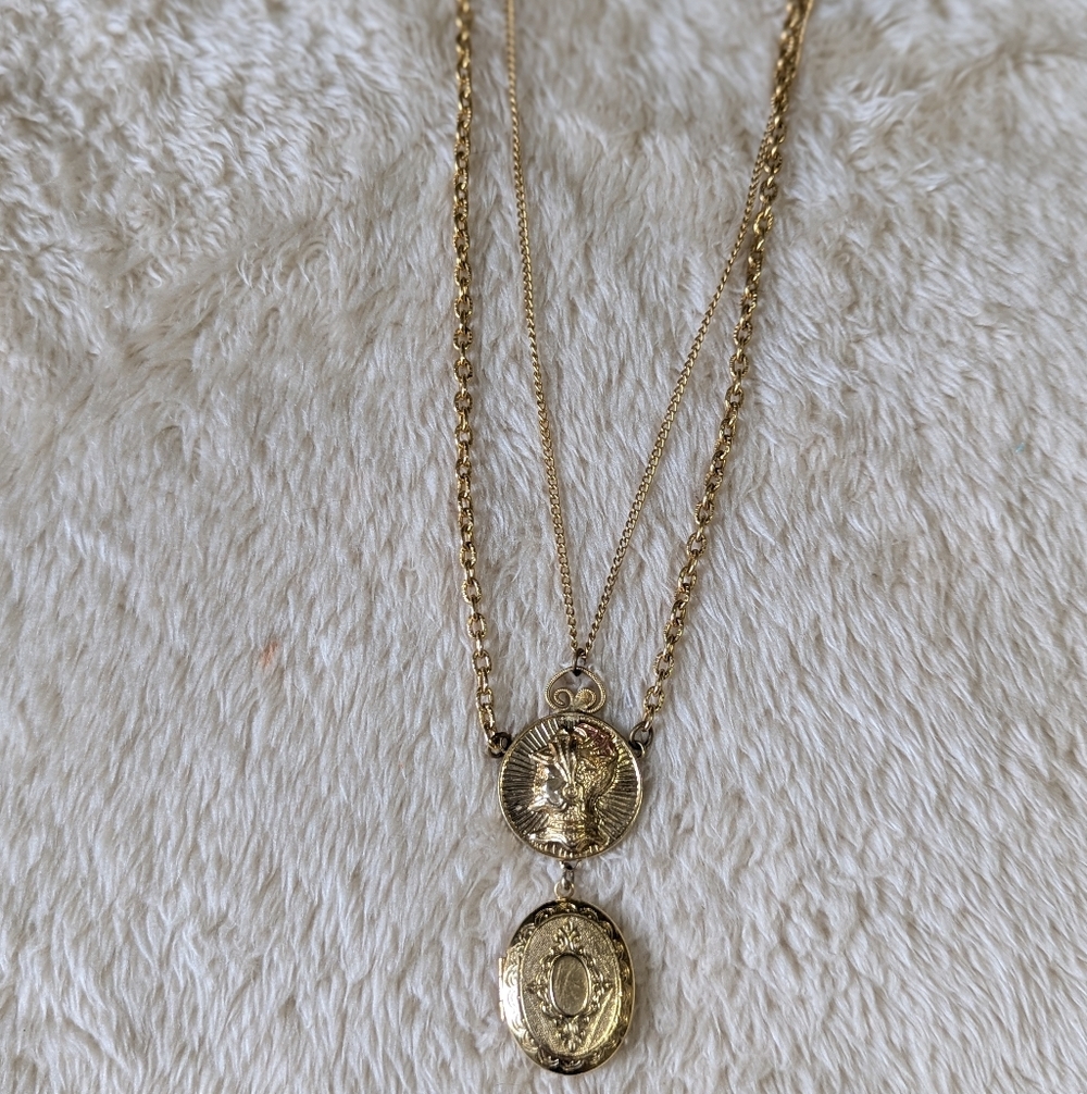 Vintage Goldtone Double Strand Roman Medallion And Oval Locket Pendant Necklace - Picture 2 of 8